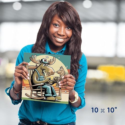 Miniatura 4 de 3dRose, Funny Cute Moose at Mountain Cabin Whittling Wolf Carving Vintage, 10x10 Wall Clock