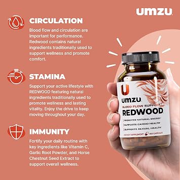 UMZU Redwood Nitric Oxide Booster, (30 Day Supply) Vitamin C, Garlic & Horse Chestnut Healthy Circulation & Endurance Daily Cardiovascular Support Nitric Oxide Supplement Blood Flow Supplement