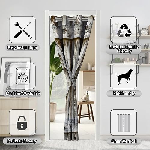 Miniatura 3 de Cortinas opacas de madera para puerta de puerta, estilo granero, estilo rural, para armario de dormitorio de niños, con ojales, aislamiento térmico,