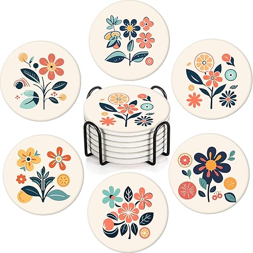 Juego de 6 posavasos bohemios para absorber bebidas, redondos de piedra de cerámica con base de corcho, tapete de protección de mesa para tazas y