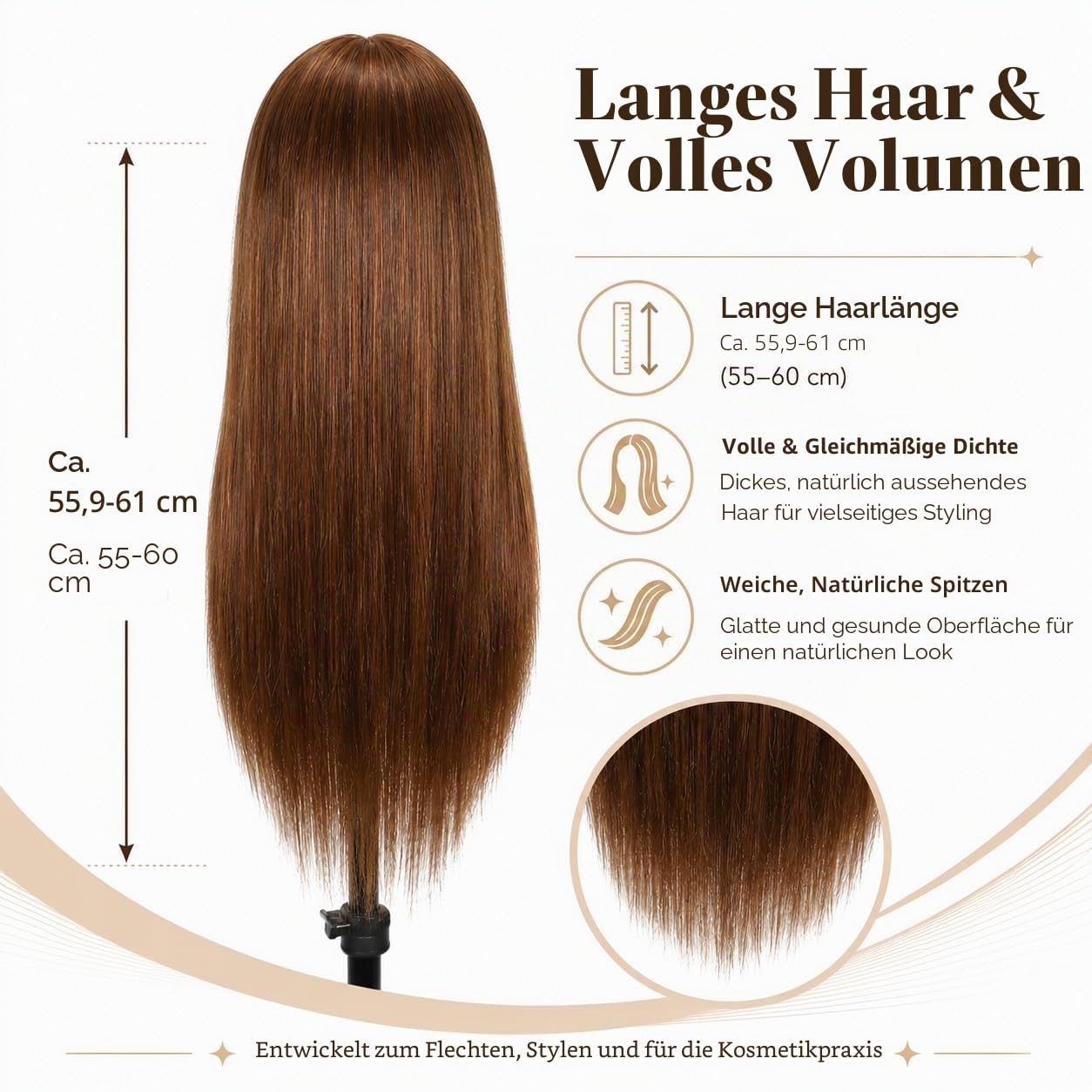 Weiblicher Mannequinkopf aus 100 % Echthaar, Styling-Kopf, Kosmetologie, Puppenkopf für Friseure, mit kostenloser Klemme, Braun, 40,6 cm