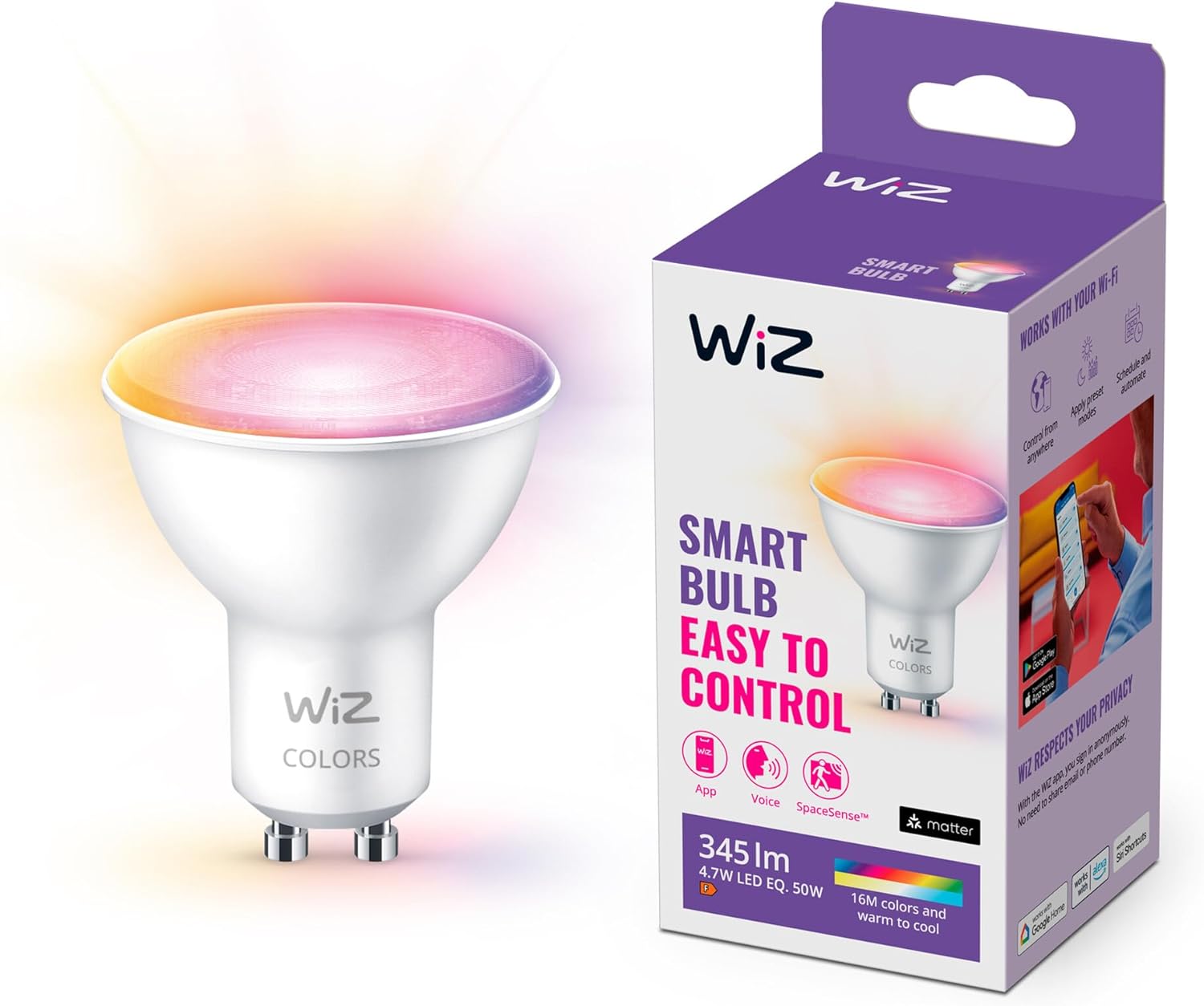 WIZ WIFI ve Bluetooth LED Ampul Kısılabilir Renkler 50W GU10, 2200-6500K, 4.9W (50W'a Eşdeğer), A +