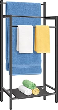 Free Standing Towel Racks for Bathroom, 3 Tier Towel Drying Rack with Movable Storage Shelf, Tall Metal Towel Rack Stand for Outdoor Pool, Black