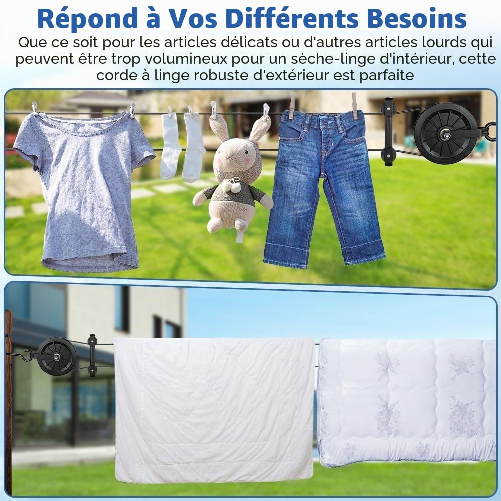 Corde à Linge de 45 m, Câble métallique gainé en PVC Noir, avec poulie de renvoi en Nylon, Séparateur, Crochet à vis M8 - Corde à Linge - Résistant aux intempéries - pour extérieur