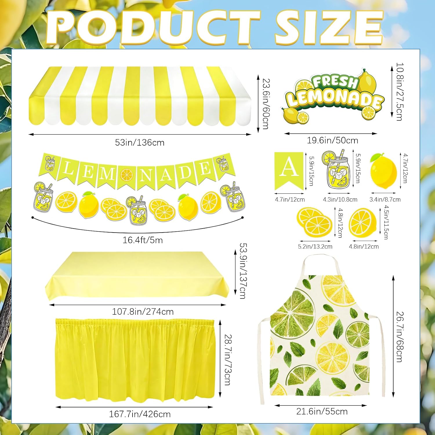 8 Pcs Fresh Lemonade Stand Hut Decor Kit - Shelf Banner, Roof Pennant, Apron, Waterproof Tablecloth Skirt Set for Photo Props, Outdoor Lemon Themed Party Supplies (Table Not Included）