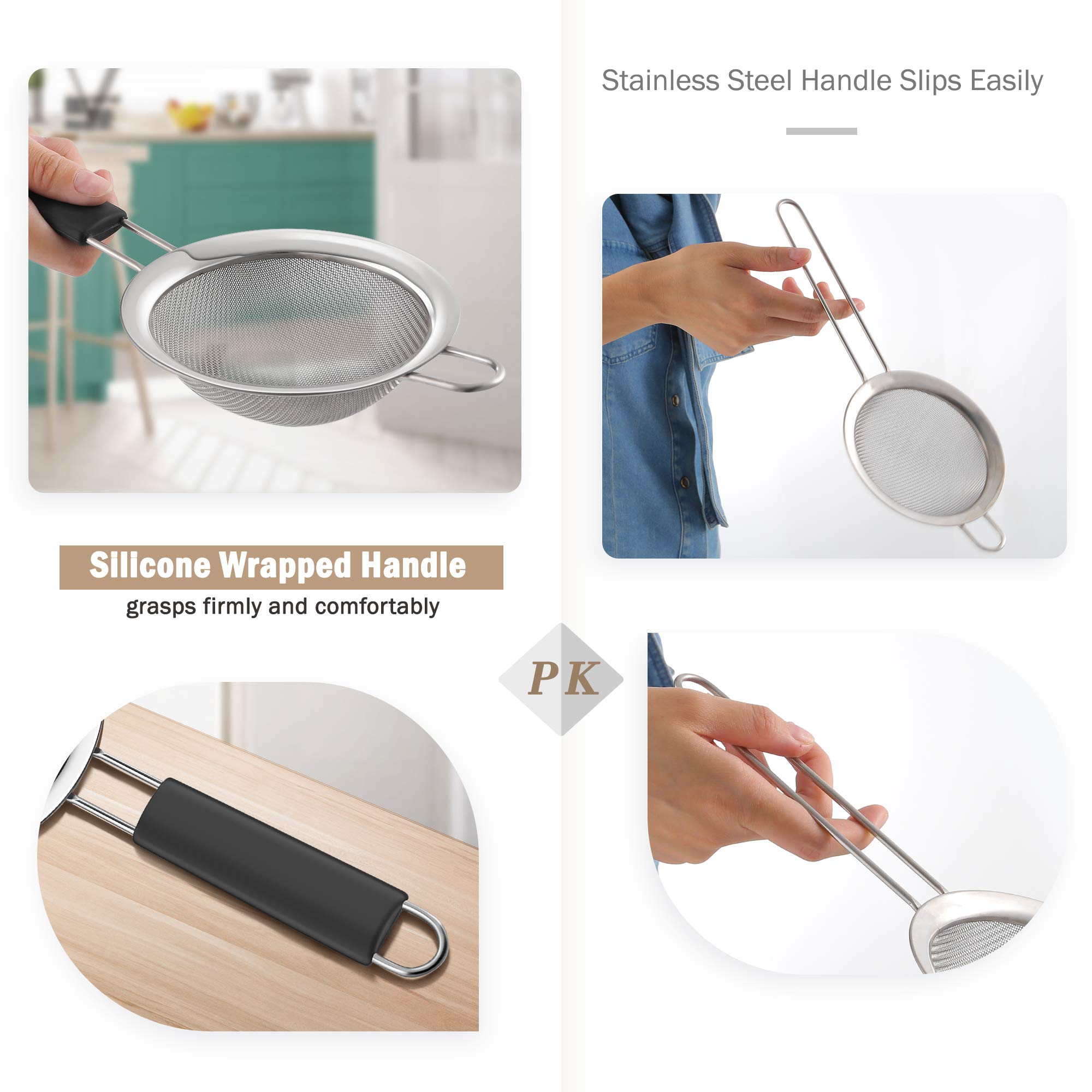 Ipow Keukenzeef in 3-delige set, roestvrij staal, premium kwaliteit, fijnmazig, met zwart siliconen verdikt, comfortabel, antislip handvat, 7/12/18 cm Ipow Keukenzeef in 3-delige set, roestvrij staal, premium kwaliteit, fijnmazig, met zwart siliconen verdikt, comfortabel, antislip handvat, 7/12/18 cm