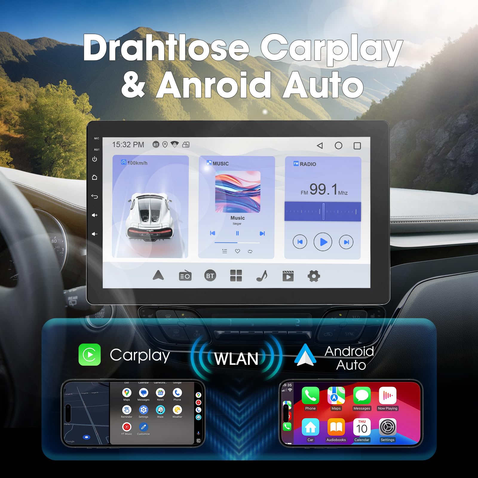 Haudio 1 Din Autoradio, 10.1 Zoll Drehbar Bildschirm, Auto Stereo mit Wireless Apple CarPlay & Android Auto, Car Play Touch Screen mit 720P Rückfahrkamera,Mirror Link, Sprachsteuerung, RDS/FM/AM Radio