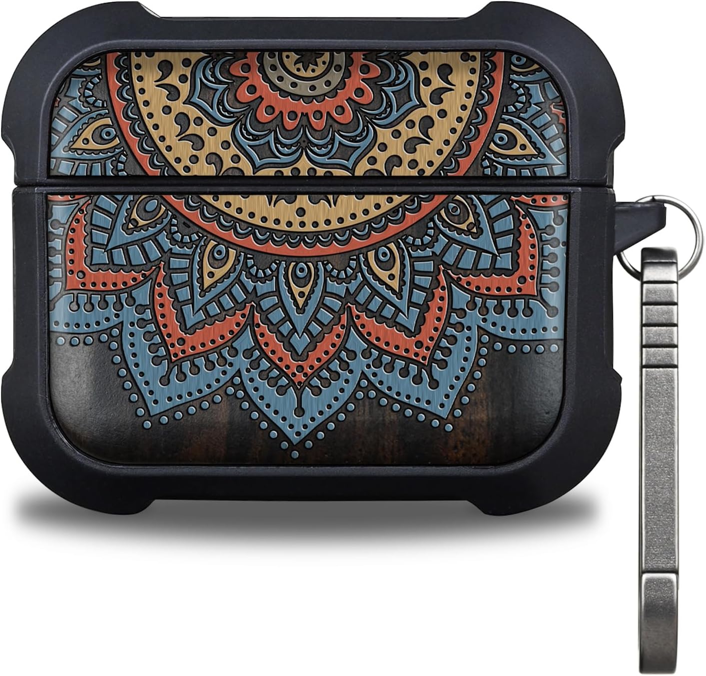 for AirPods Pro 3 Case, Shockproof Wooden Cover with Quick Released Keychain for AirPods Pro Case 3rd Generation (2025) Compatible with Wireless Charging, (Sunburst Mandala) Dark Wood