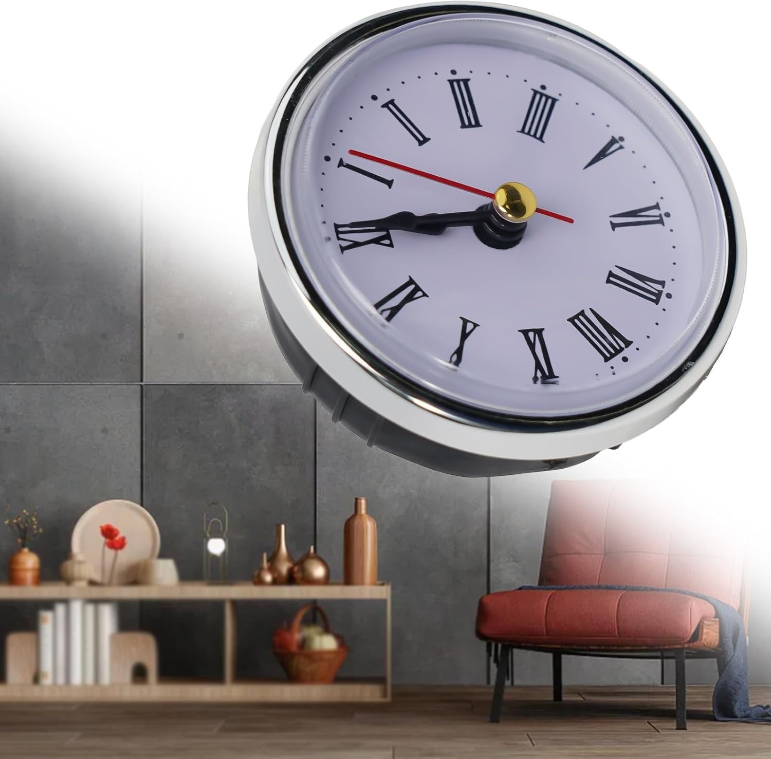 65Mm Quartz Clock Insert Movement With Gold Trim, Roman Numerals And Clear Lens For DIY Clock Repair, Fits 55Mm Back Cover, 25Mm Depth, Requires 1 AAA Battery(Battery Not Included)(Silver)