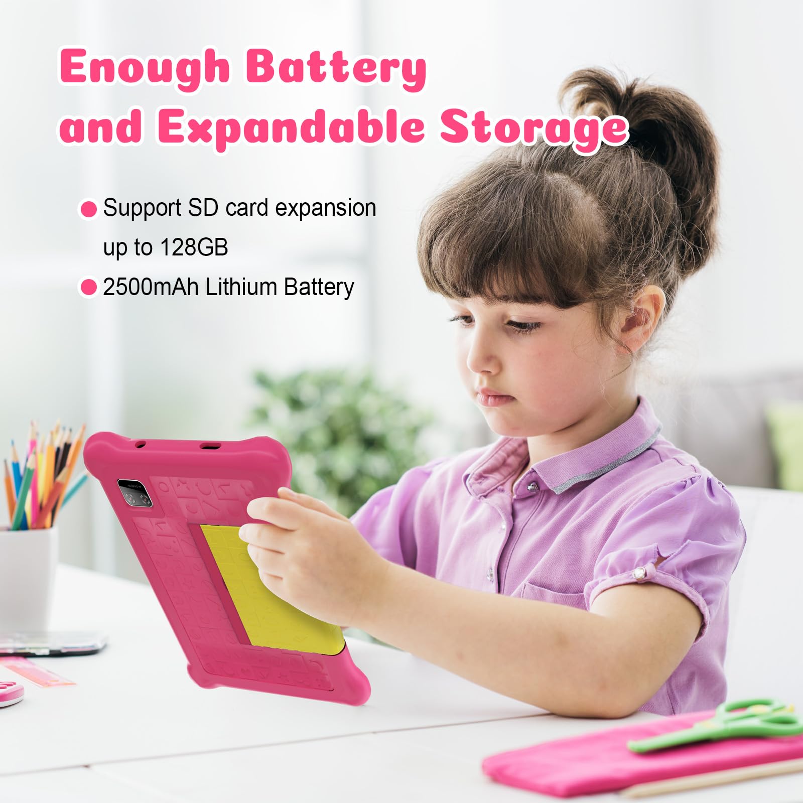 Yicty Tablet Bambini 7 Pollici Android 13 Quad Core 5 GB RAM 32 GB ROM 128 GB Estensione Controllo Parentale Tablets Educativo con Custodia Antiurto (Rosa)