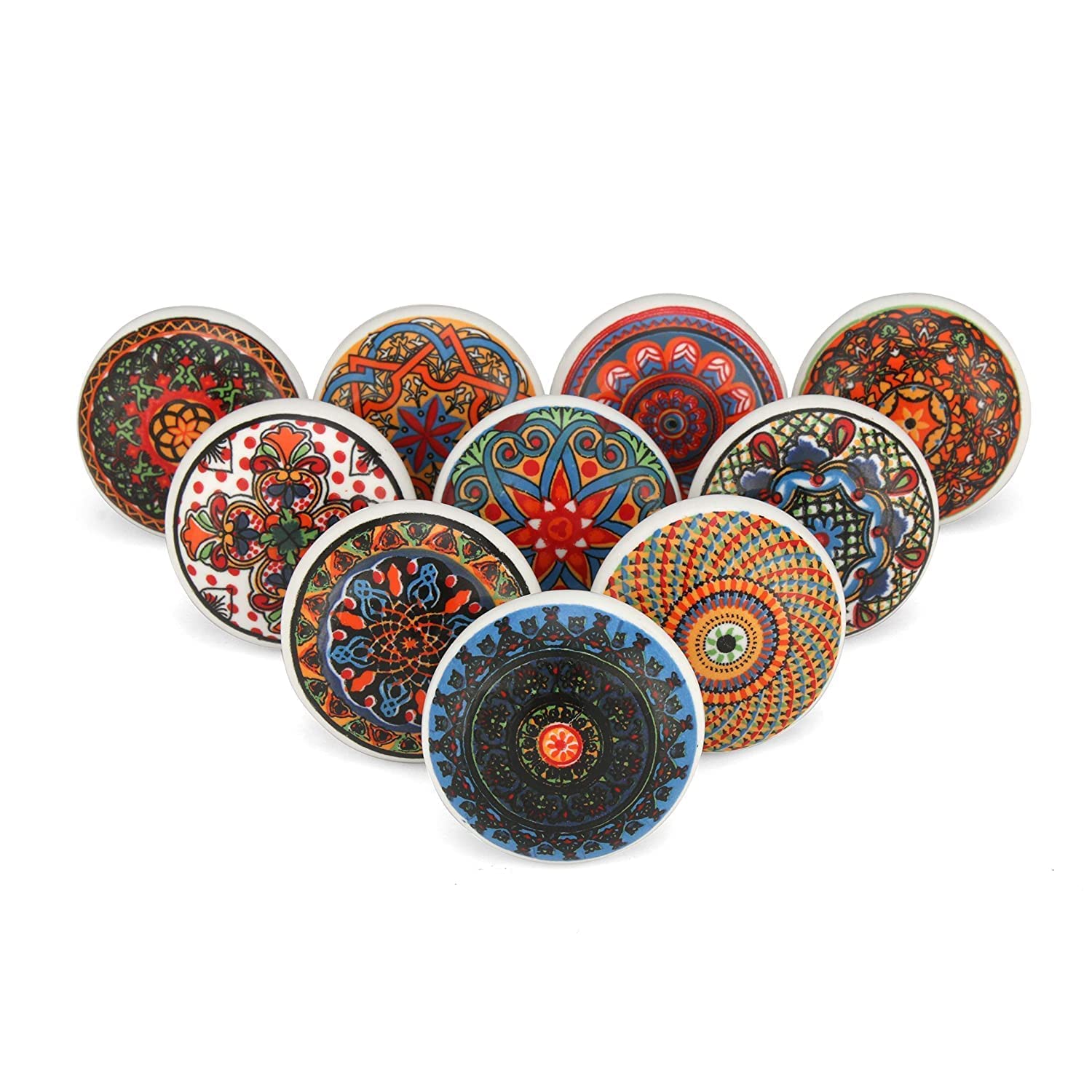 Craft Trade Juego de 10 pomos para armarios y cajones, diseño de mandala rojo, vintage, de cerámica, mandala, muebles de cocina, armarios, decoración del hogar, paquete de 10 unidades