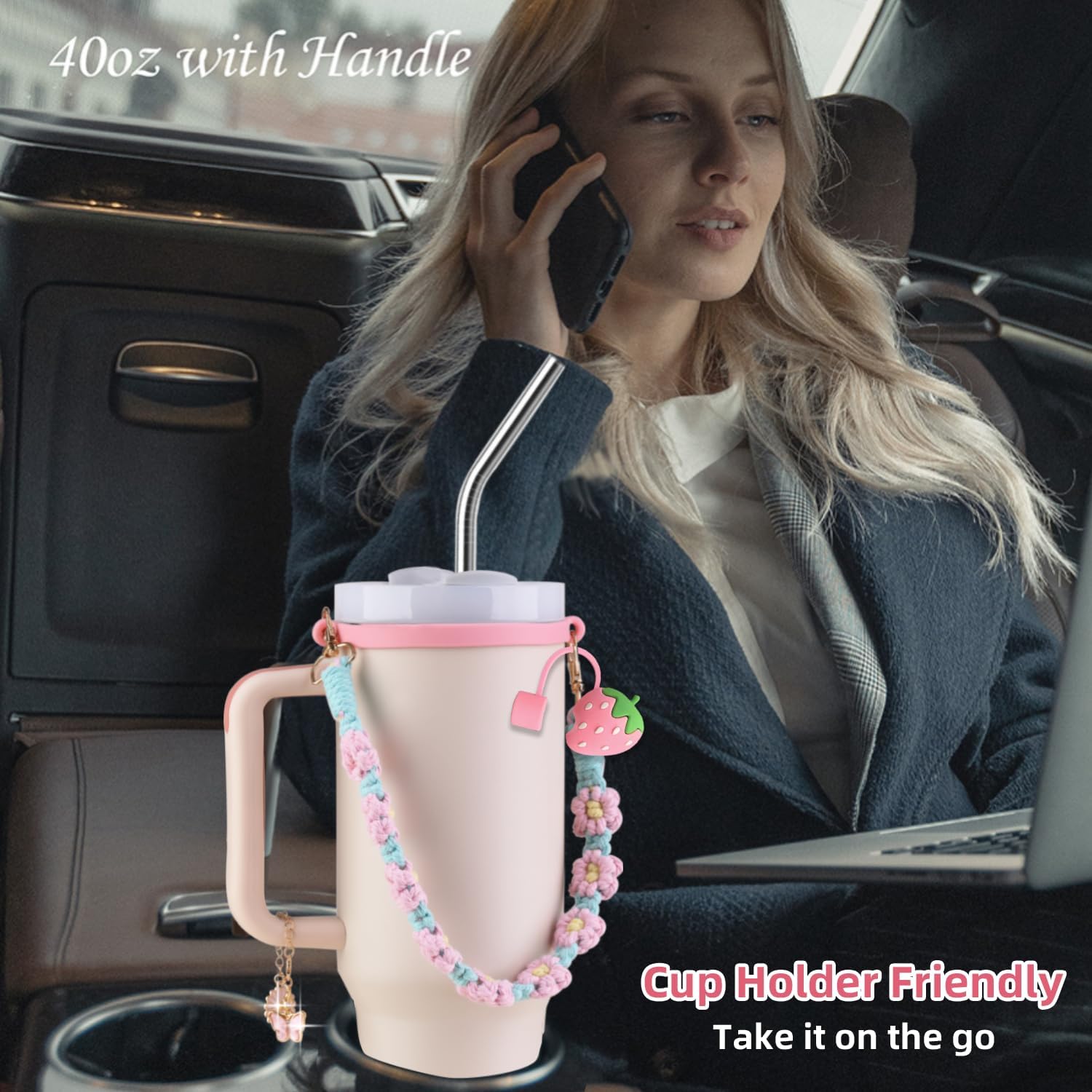 40 oz Tumbler Insulated Mug w/Straw & Flip Cap Lids - Cup Holder Bottle with 6 Accessories Set for Hot, Cold Drink - Leak-Proof - Water, Coffee Portable Travel Mug (Pink Gold) - Image 8