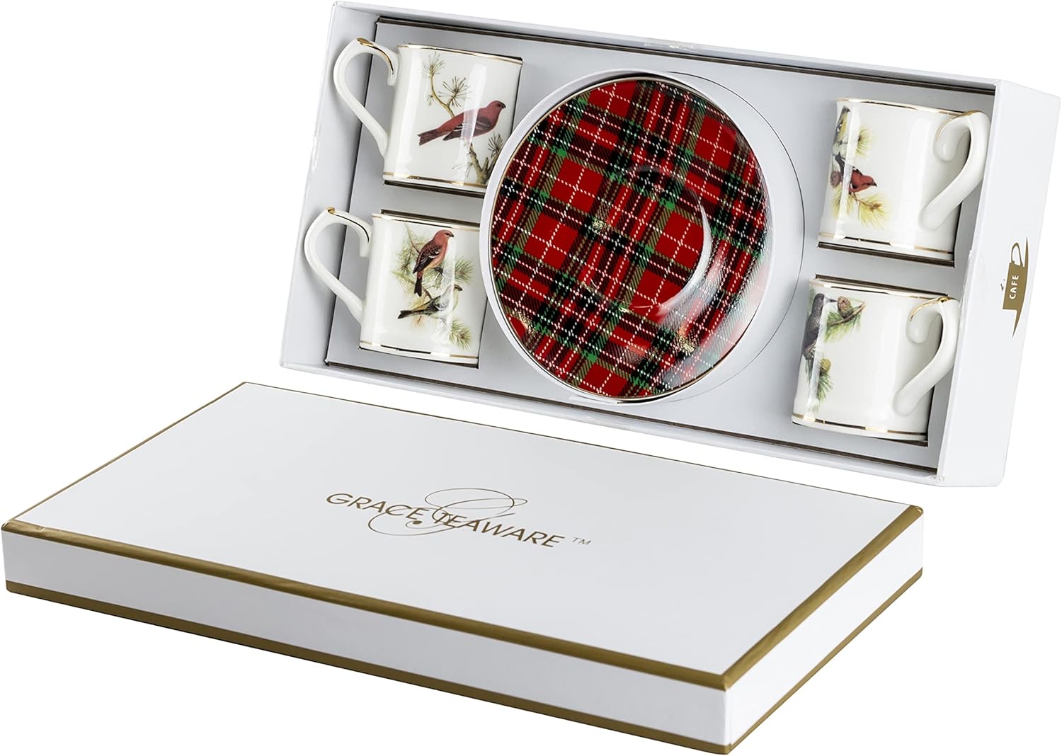 Gracie China by Coastline Imports Winter Birds Set of 4 Espresso Cup and Saucer, 2.5-Ounce, Red