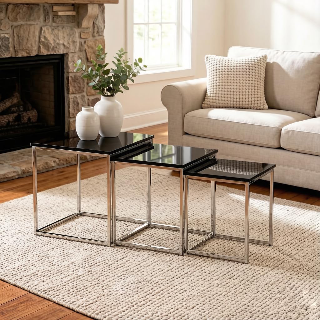 Homullel Nesting Tables Set of 3, Stacking End Side Lamp Coffee Table for Living Room, Chrome Frame High Gloss Tabletop (Black) โ image 1