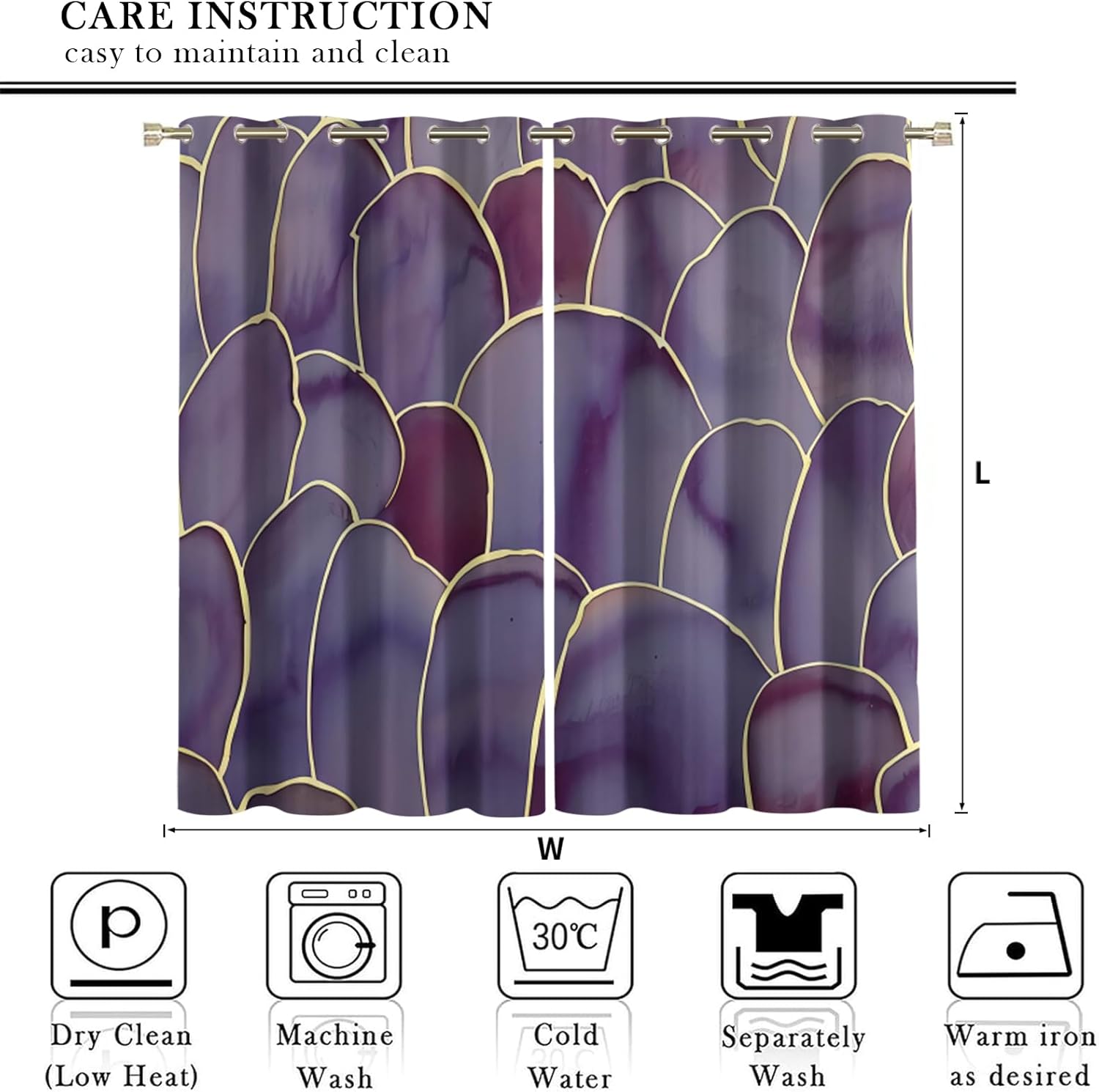 Purple Agate Marble Curtains for Bedroom, Luxury Gold Geometric Lines Blackout Drapes, Thermal Insulated Grommet Top Window Treatments, for Office Kitchen and Living Room (26" W x 39" L) x 2