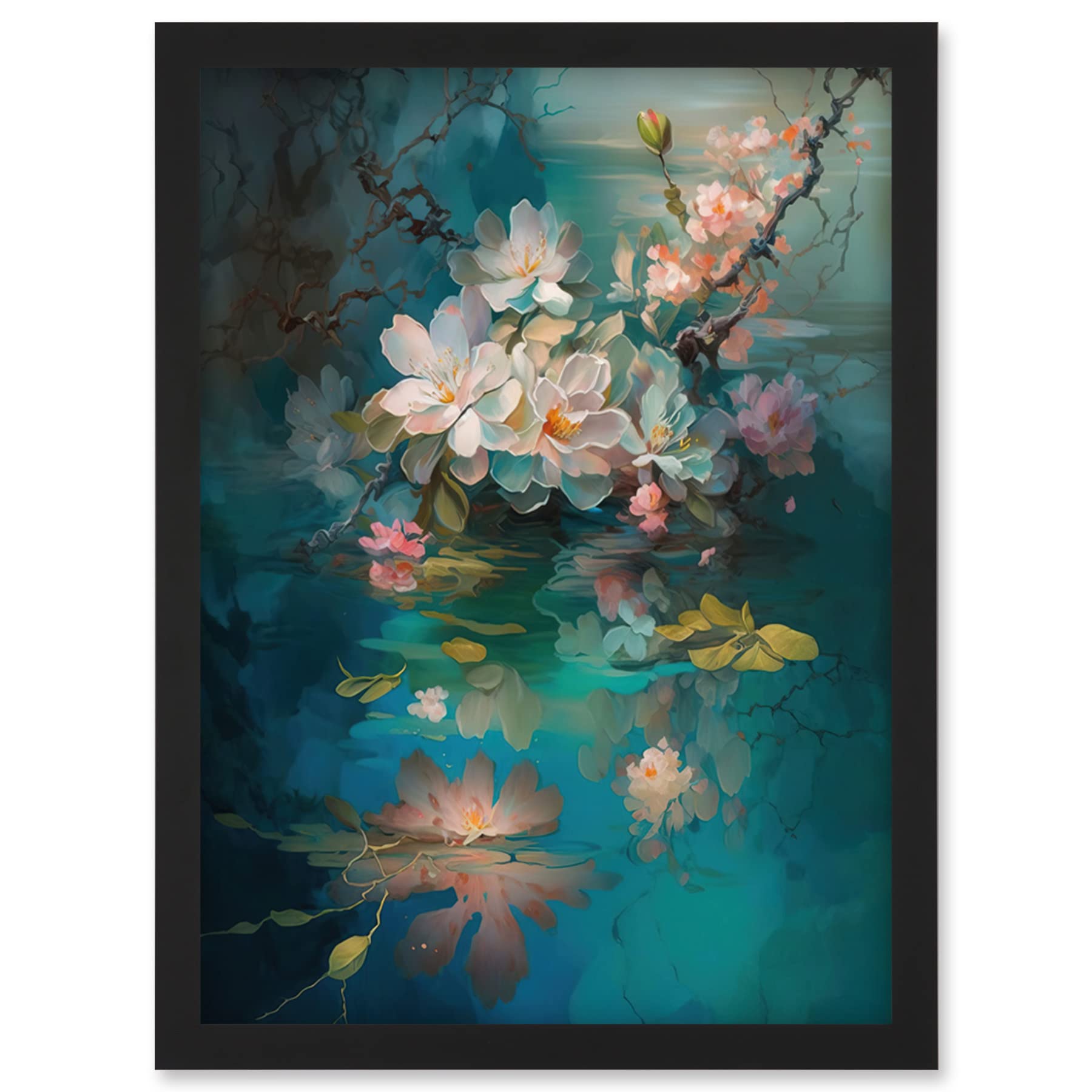 Artery8 Low Hanging Cherry Blossom Branch in River Stream Modern Watercolour Painting Artwork Framed Wall Art Print A4
