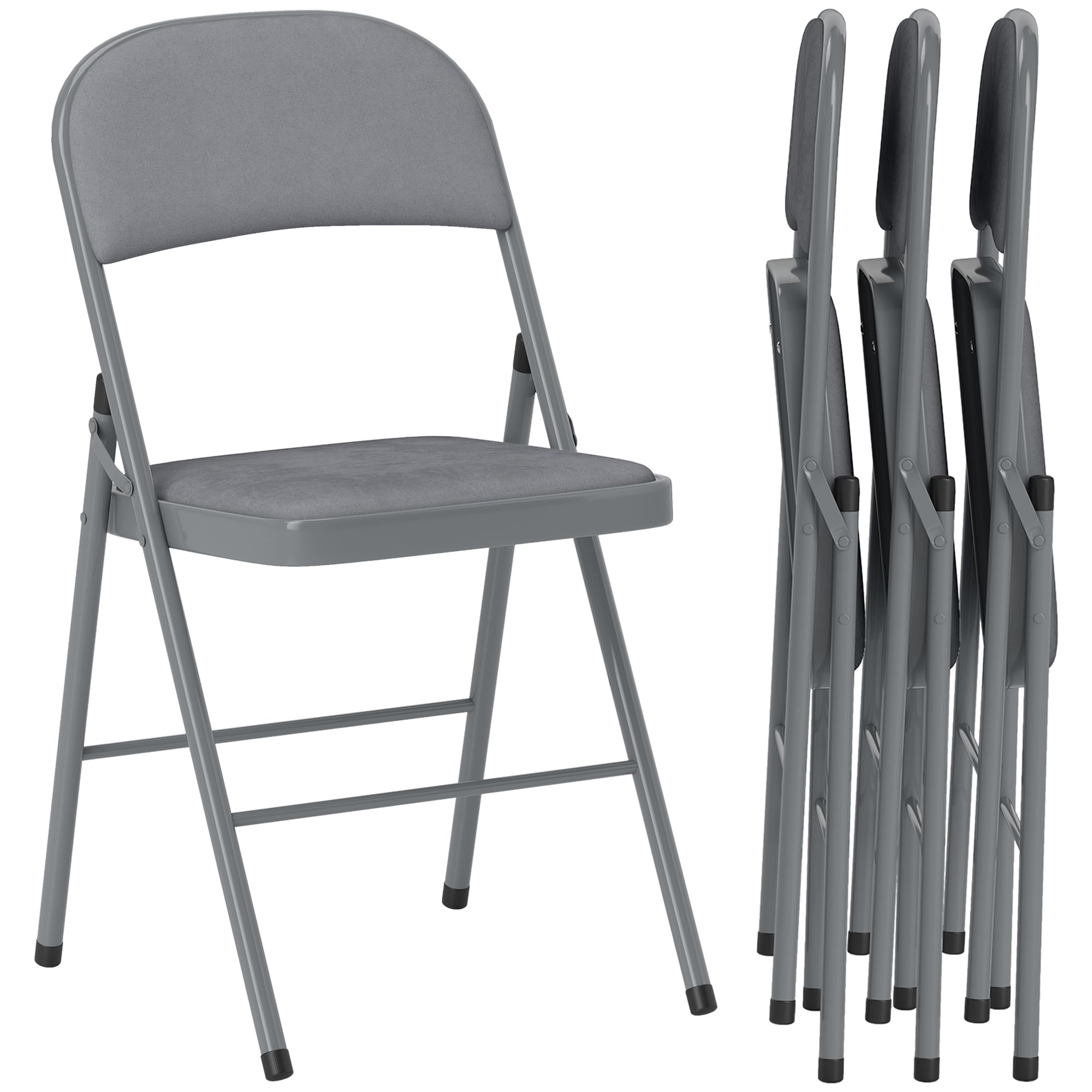 HOMCOM Metal Folding Chairs, 4 Pack Velvet-Feel Foldable Chairs with Cushion for Office Reception Waiting Room Party, Light Grey