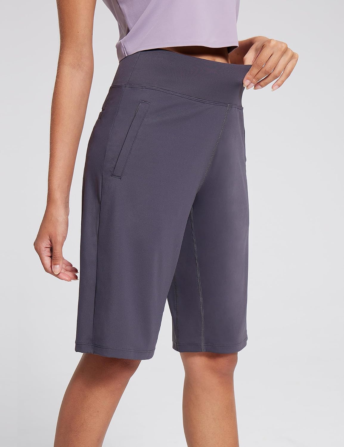 AJISAI Women's 9"/12" High Waisted Bermuda Shorts with Zippered Pockets Knee Length Long Shorts for Women Workout Athletic