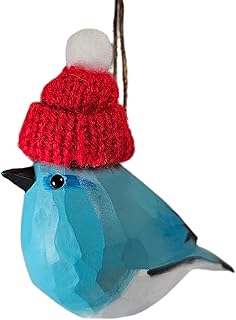Bluebird Wooden Christmas Ornament with Red Knit Hat, Hand‑Painted Carved Wood Bird, Ready‑to‑Hang Twine, Gift Box Included, 3.7 in L - Holiday Tree Decor, Rustic Farmhouse Winter Accent