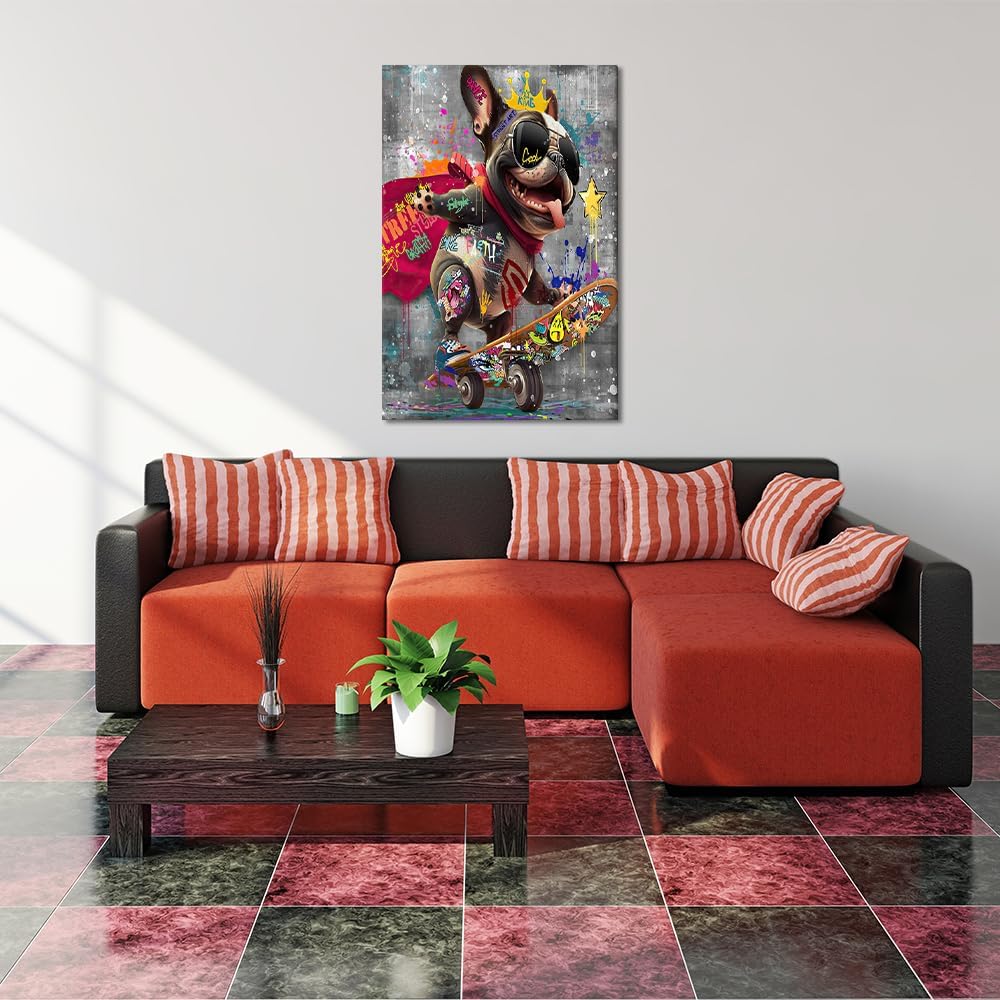 Novatique Banksy Canvas Wall Art Graffiti Canvas Wall Decor Funky Dog Play Skateboard Picture Ready to Hang Abstract Painting for Living Room Bathroom, 24 x 36inch