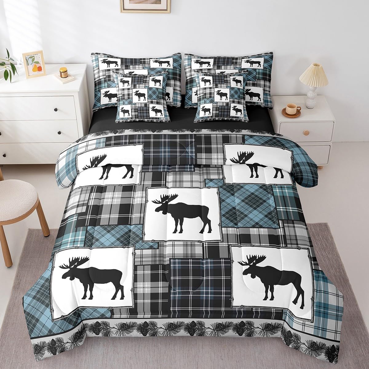 Farmhouse Decor Rustic Moose Bed in a Bag King Size Comforter Set 7 Pieces, Deer Hunter Bedding Sets Woodland Animals Wildlife Comforter and Sheet Set, Patchwork Teal Blue Buffalo Plaid Room Decor