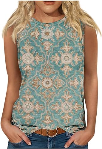 Lastesso Womens Tank Tops Vintage Printing Summer Tops Casual High Neck Sleeveless Tops Fashion Summer Going Out Tanks