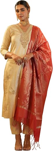 INDO ERA Women's Silk Blend Ethnic Motifs Embroidered Straight Calf Length Kurta with Pant &amp; Dupatta Set (IESTR10852)