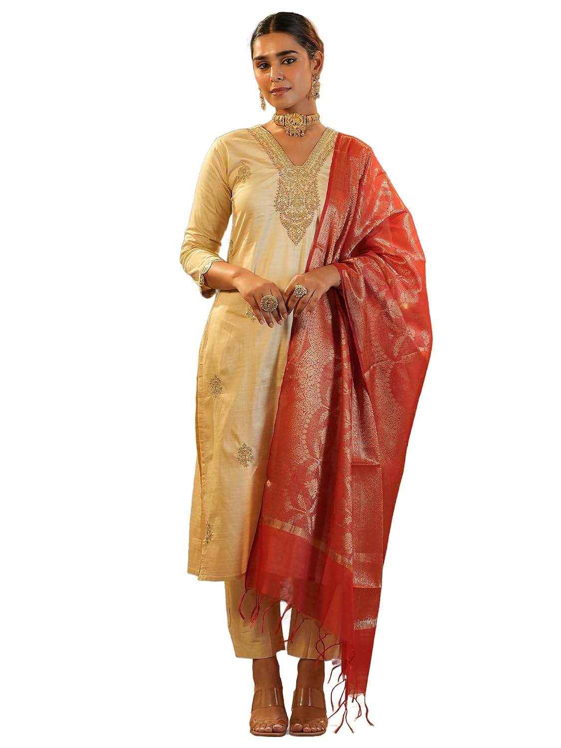 INDO ERA Women's Silk Blend Ethnic Motifs Embroidered Straight Calf Length Kurta with Pant & Dupatta Set (IESTR10852) - Review, Price and Buying Guide