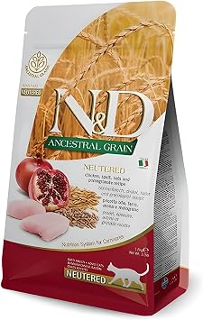 N & D الحبوب الأجداد الجافة القط الغذاء، الدجاج، القمح بدون عظم، الشوفان والرمان، معقم، الكبار، 1.5 كجم