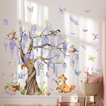 Large Purple Flower Tree Wall Decals Wisteria Blossom Wall Stickers Forest Animals Fox Rabbit Squirrel Wall Art Butterfly Bird Purple Hanging Vine Removable Wallpaper for Kids Nursery Bedroom Decor