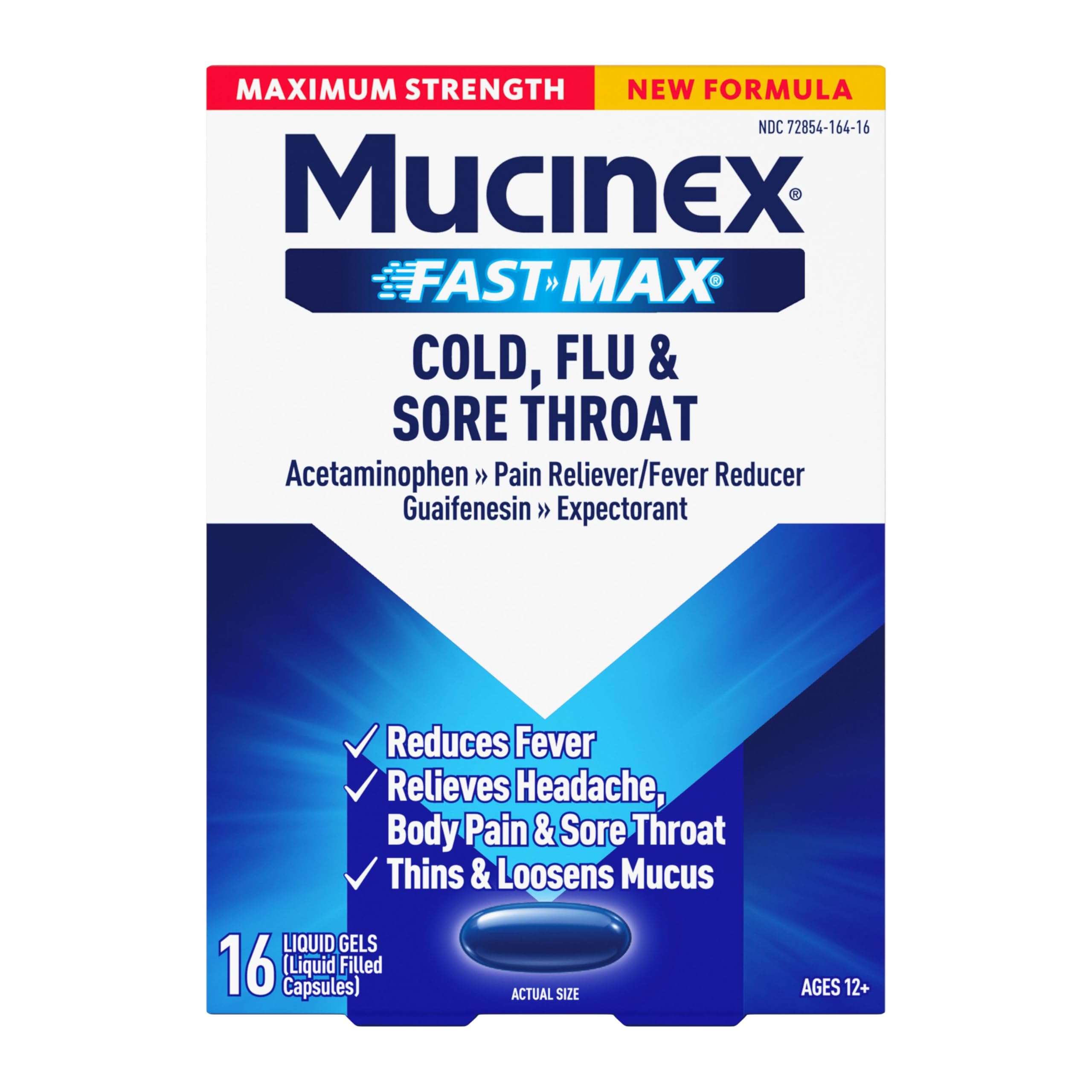 Mucinex Fast-Max Maximum Strength Cold, Flu & Sore Throat Medicine for Adults, Powerful Over-The-Counter Medication for Chest Congestion & Cold and Flu Symptoms, Fast Dissolving Liquid Gels, 16 Count