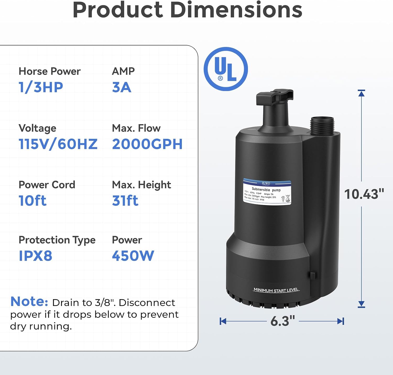 Sump Pump Submersible, 1/3 HP 2000GPH Thermoplastic Portable Utility Pump, Electric Water Pump for Swimming Pool Tub Basement Garden Pond Draining with 10ft Cord, Black