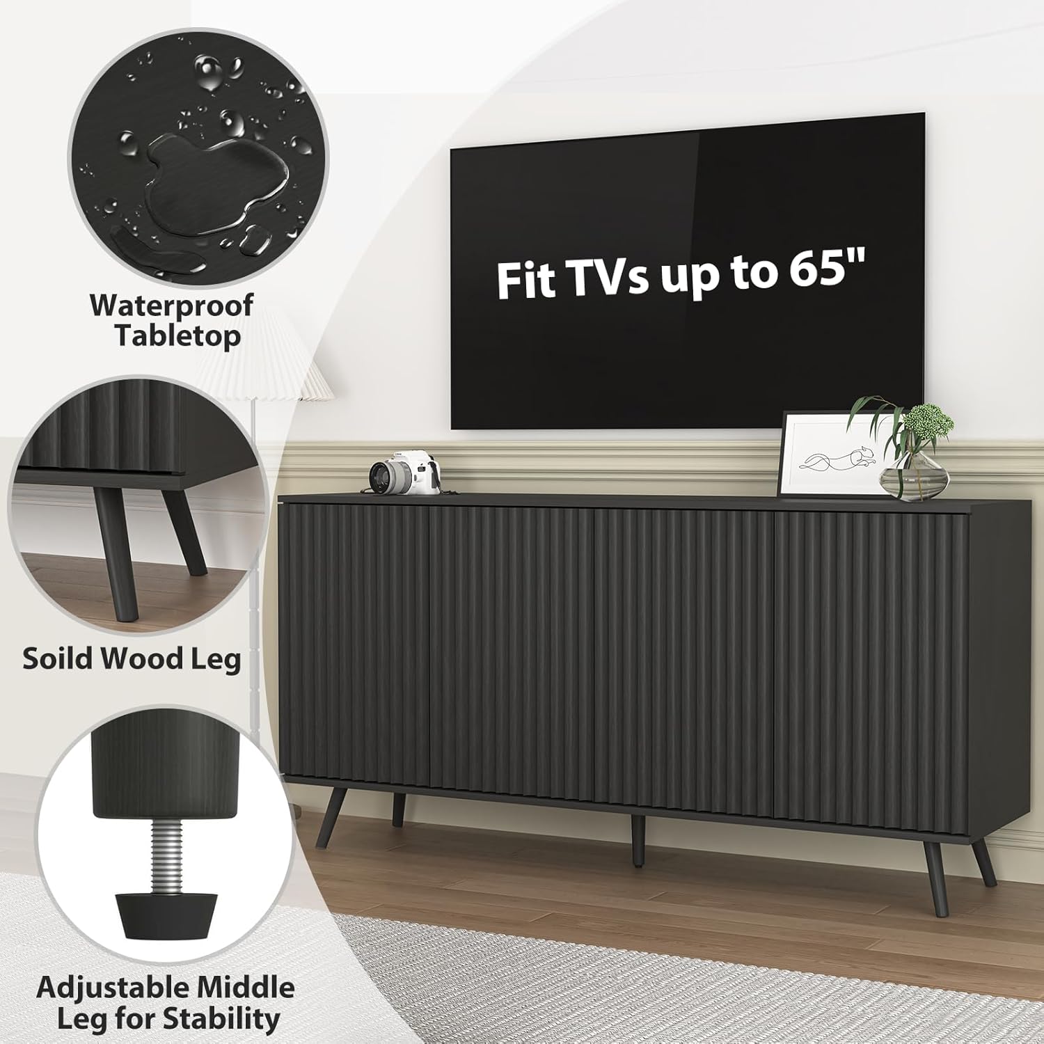 59" Fluted Sideboard Buffet Cabinet with Raised Legs, 4-Door Kitchen Storage Credenza with Adjustable Shelves, Robot Vacuum Friendly Console Table for Living Room Dining Room Hallway, Black