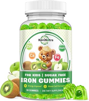 Iron Supplement Gummies for Kids - with Calcium, Zinc, Kids Multivitamin with Iron Gummies - Immune Support, Blood Builder & Energy Support for Iron Deficiency, Anemia, Apple & Kiwi Flavor, 60 Count