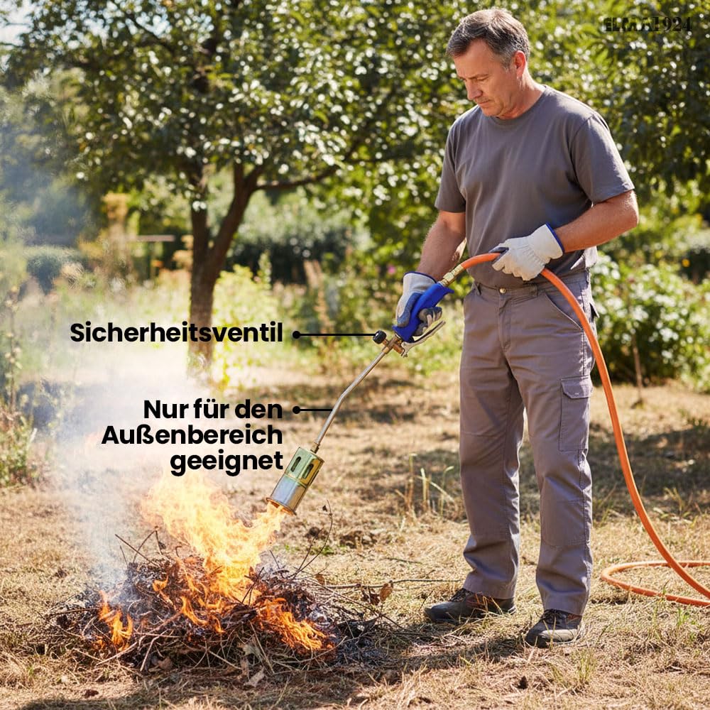 ELMA Gasbrenner Unkrautbrenner mit 60 mm Düse & 3 m Schlauch | Abflammgerät für Unkraut, Dachpappe & Grill – Ergonomischer Griff | Kompatibel mit Butan und Propangas
