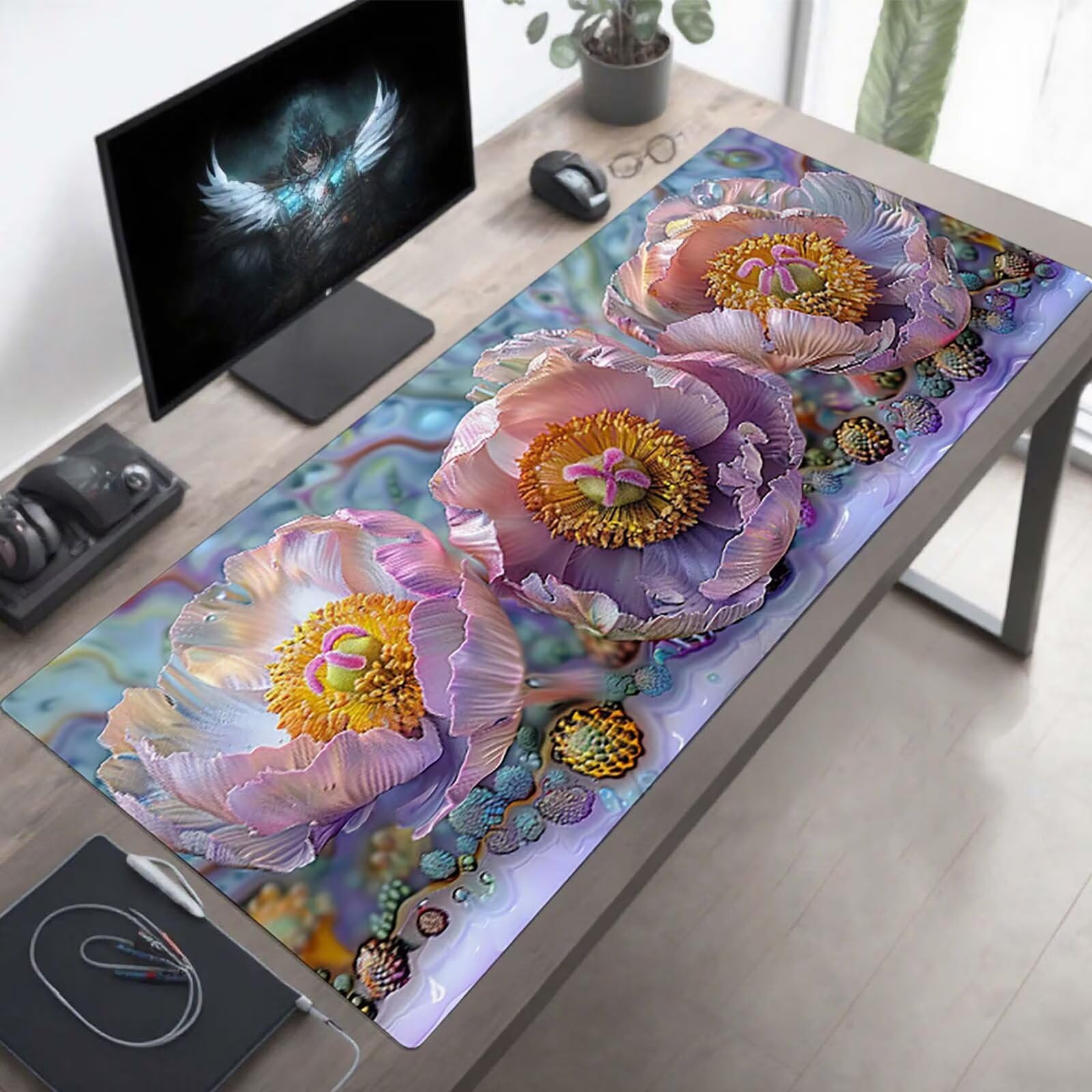 Tappetino Mouse Gaming, 120x60 cm Tappetino Mouse Fiore, Impermeabile e Antiscivolo Tappeto Gaming, Bordo Cucito con Liscio Superficie, Rosa per Ufficio, Decor PjY14718 4-8