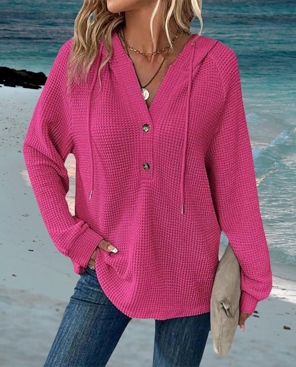Waffle Hooded Sweatshirt Women Drawstring Long Sleeve Button Up V Neck Casual Pullover Knit Sweatshirt Tops