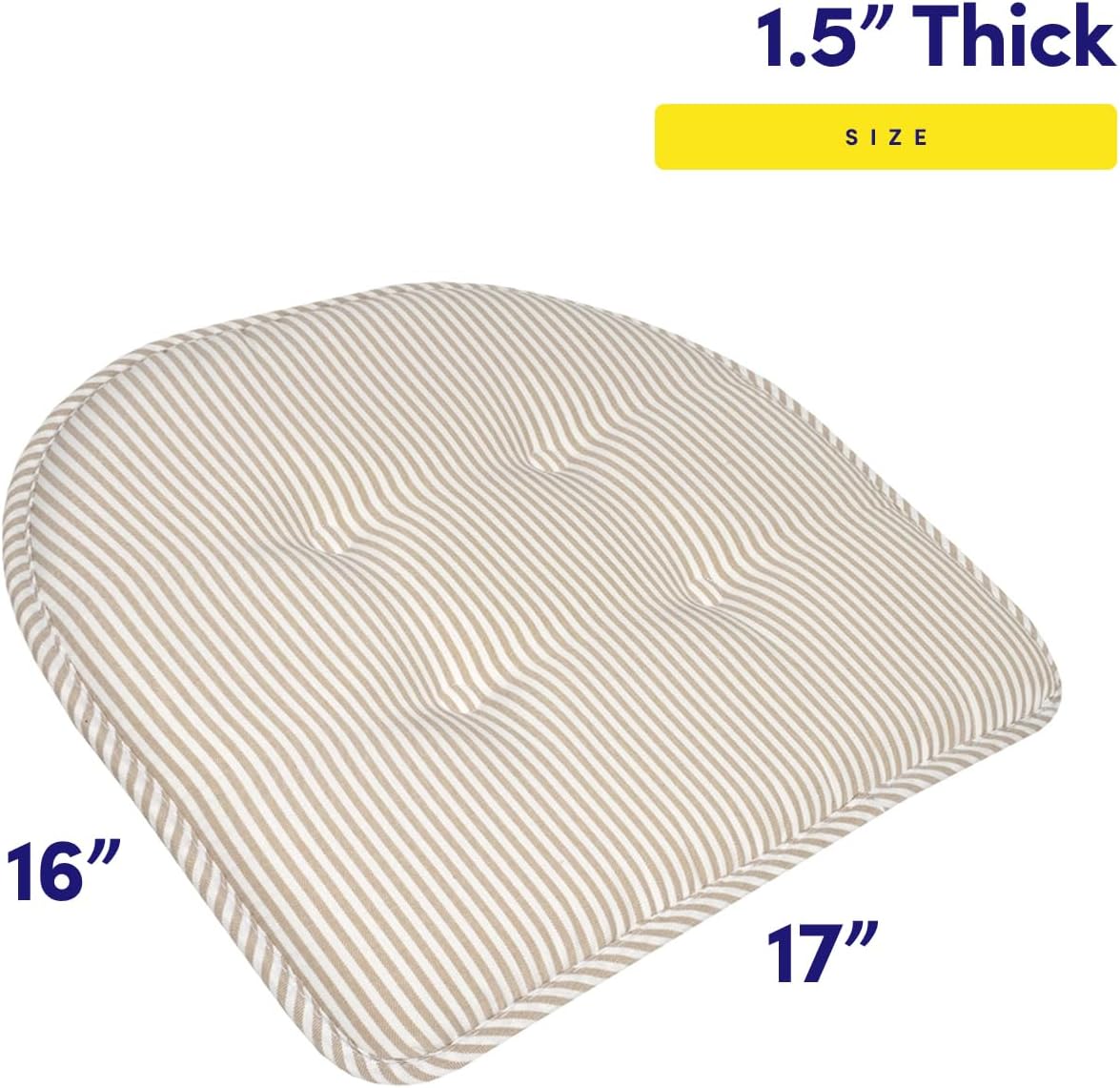 sweet home collection chair cushion memory foam pads tufted slip non skid rubber back u-shaped 17" x 16" seat cover, 4 count (pack of 1), pinstripe taupe 4 pack foam pads pinstripe taupe