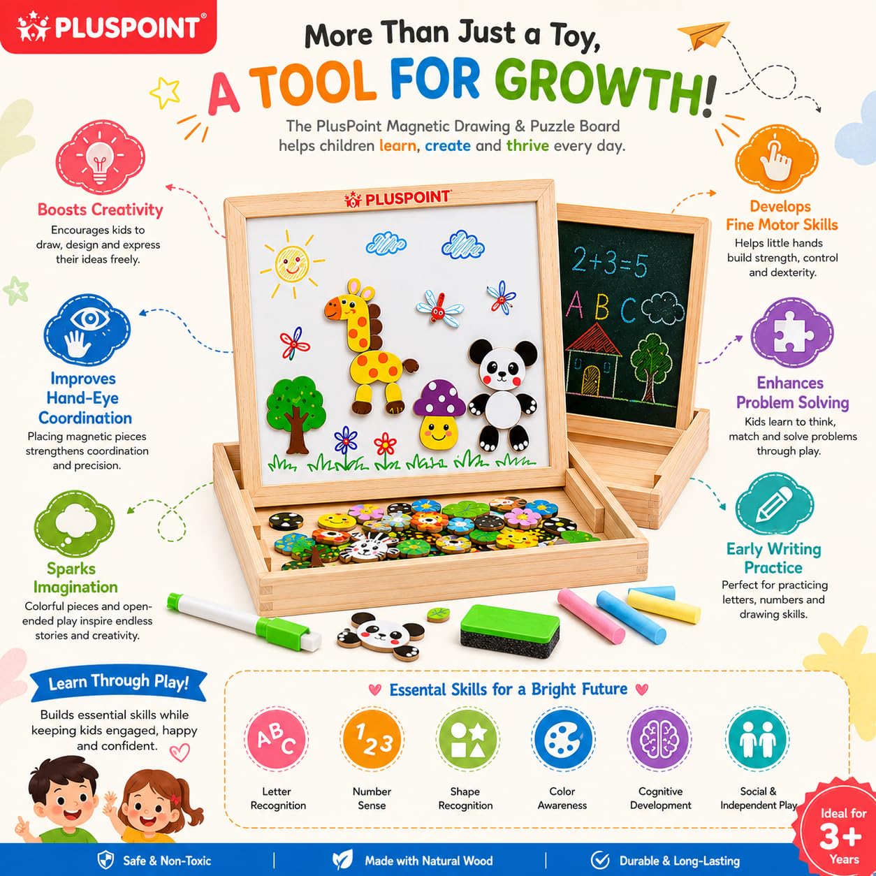 PLUSPOINT Wooden Magnetic Multifunctional Double Sided Chalkboard Dry Erase Board with Chalk, Marker & Duster Educational Whiteboard Blackboard Drawing Toys Learning & Imagination Play for Kids 1