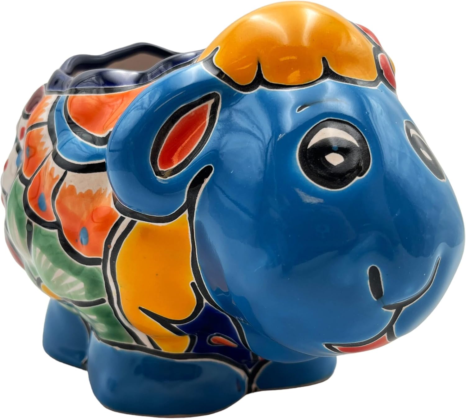 Talavera Sheep Planter Cute Animal Pot Mexican Pottery Outdoor Home Decor Indoor Handmade Hand Painted Multicolor 9.5" (Turquoise)