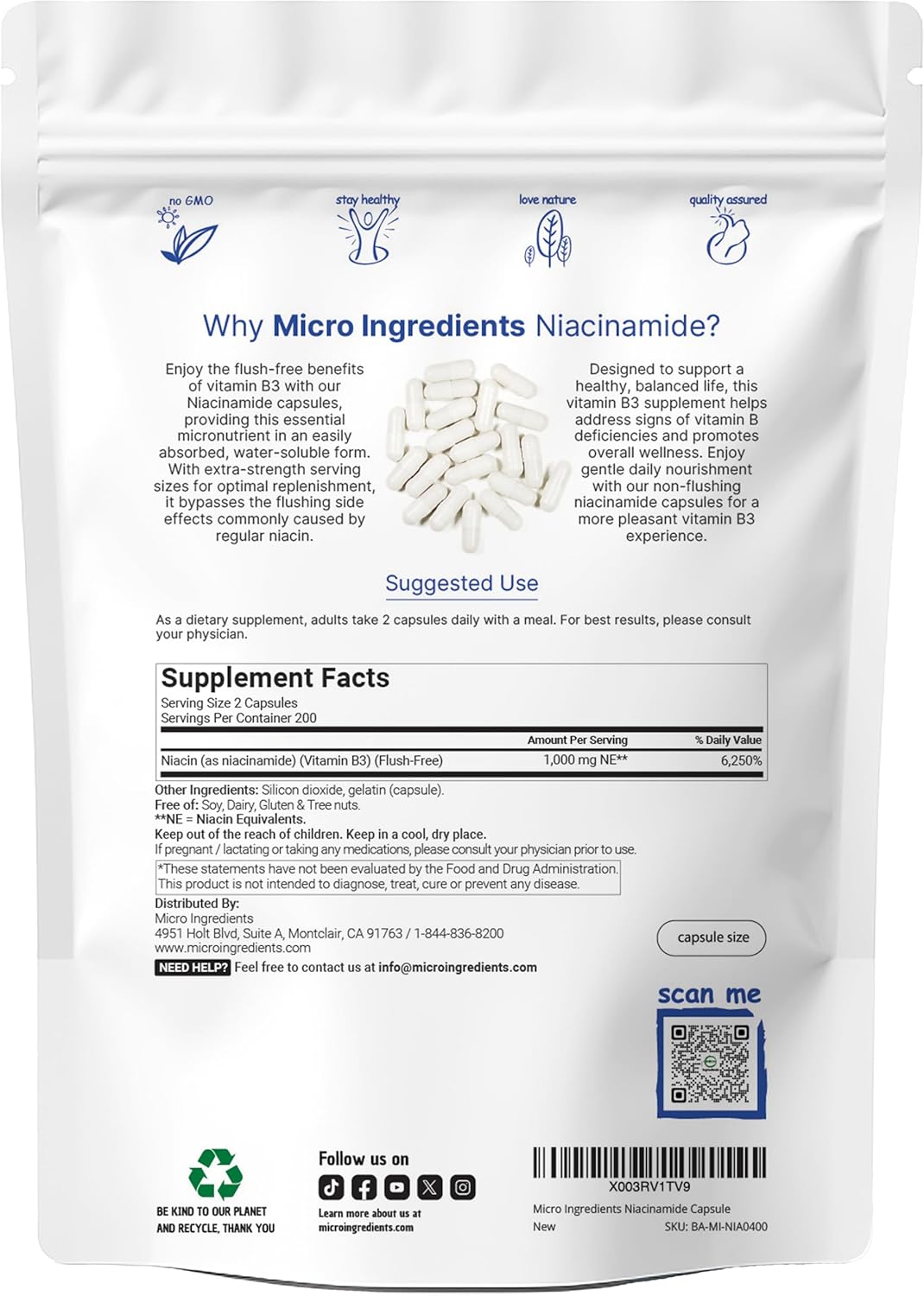 Vitamin B3 Niacinamide 500mg Per Capsule, 400 Capsules | 1,000mg Flush Free Niacin Per Serving, Essential B Vitamin Supplement | Non-GMO, Gluten Free - Image 2