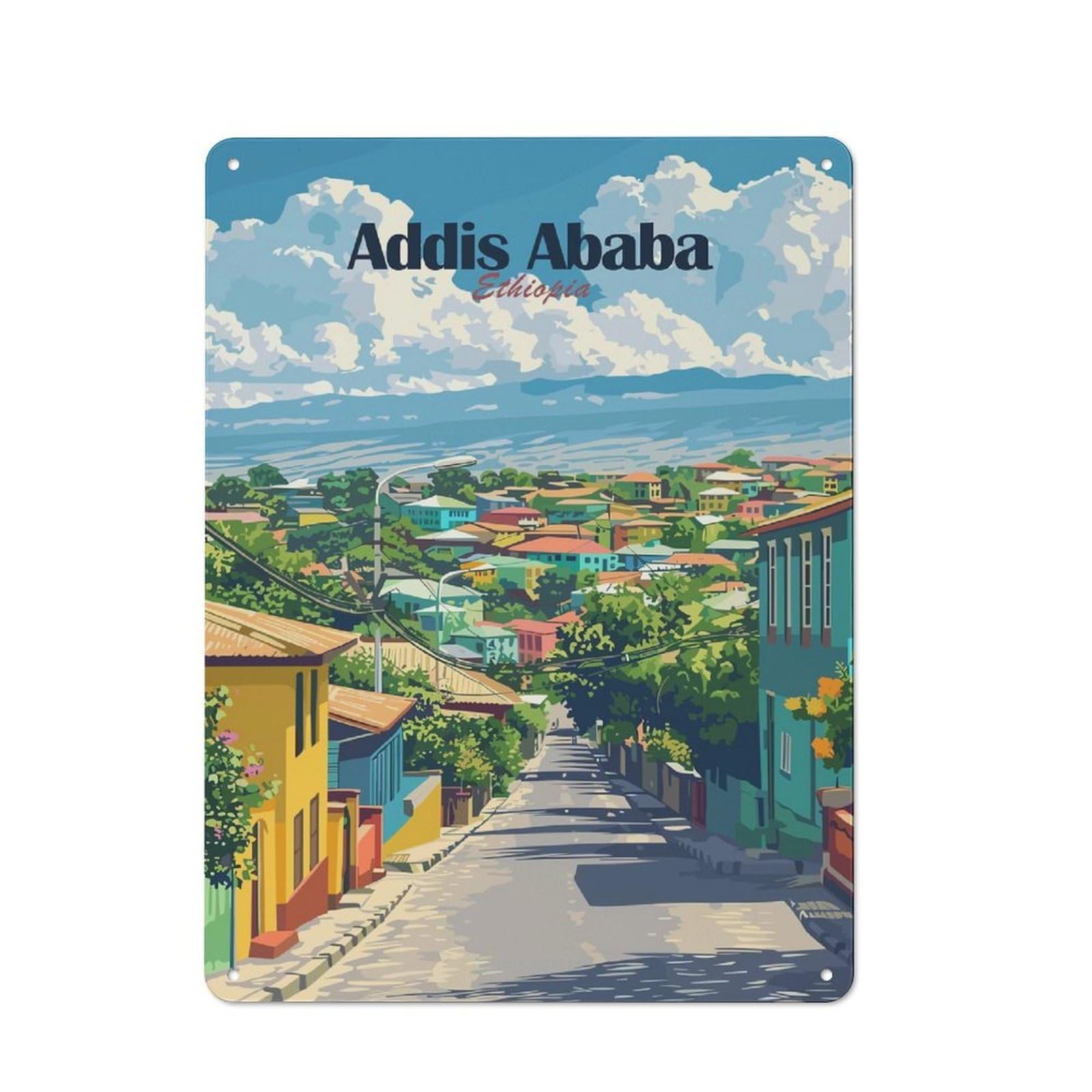 Vintage Addis Ababa Cityscape Metal Plaque 40x30cm, Diner Style Decor for Bakery, Diner, Cafe Or Family Room