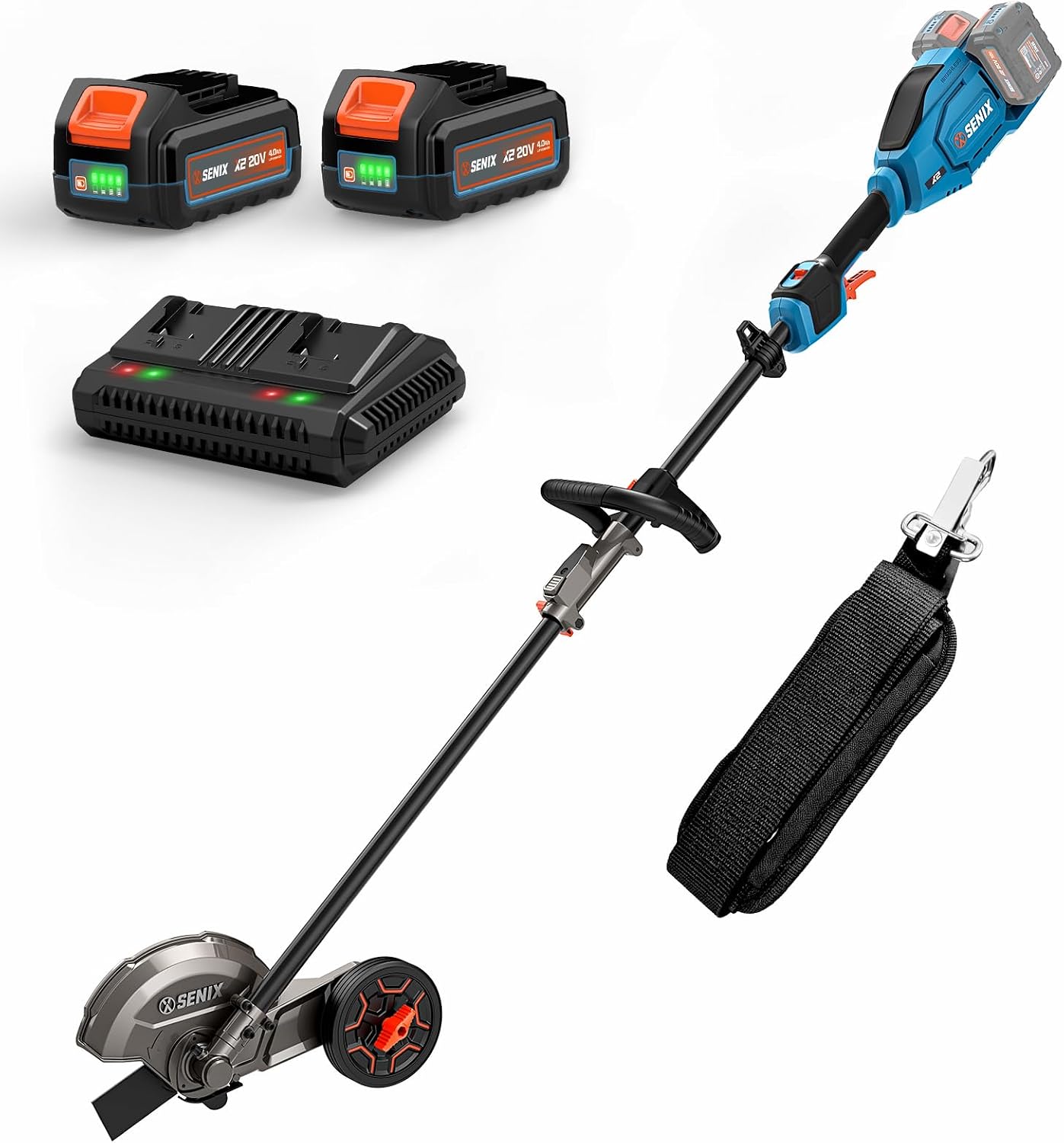 SENIX 40V 8" Cordless Edger, PHX2-M Multi-Head System Power Head and AET002 Edger Attachment Kit, with Shoulder Strap, (2) 4.0Ah Lithium Batteries and 6A Charger, S2K2B2-07
