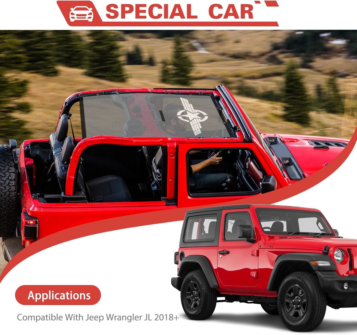 Sunshade Full-Length Mesh Sun Shade Bikini Top Compatible with 2018-2022 Jeep Wrangler JL 2-Door Rubicon Sport Sport S Willys, Shade Cuts The Sunlight and Down on Wind(Star Wing Short Style)