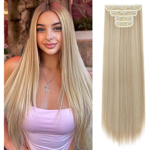 REECHO 20" Straight Long 4 PCS Set Thick Clip in on Hair Extensions Dark Ash Blonde