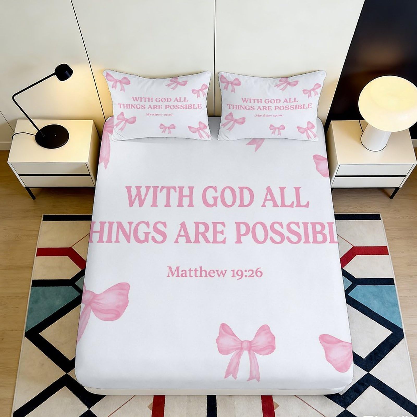 3D Printed Pink Bow Fitted Sheet Microfiber Inspirational Quote Mattress Cover Bedroom Dorm Protector Decor 90x200x25cm