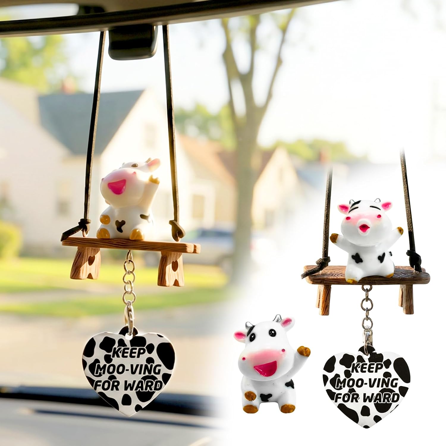 Swinging Cow Car Accessories Kit – Cute Cow Print Rearview Mirror Hanging Ornament,Swing with 2 Resin Cow Dashboard Decor & Heart, Funny Interior Decoration Gifts for Women Cow Lovers