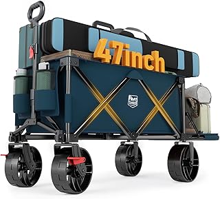 Timber Ridge Beach Wagon with Tailgate, 550lbs Heavy Duty Collapsible Wagon with All-Terrain Big Brakes Wheels, Foldable Utility Cart for Sand Sports Shopping, Blue