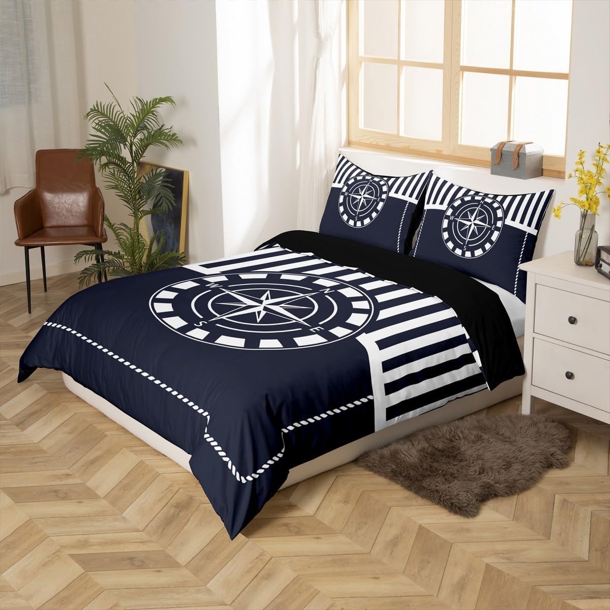 Castle Fairy Compass Print Duvet Cover Set Toddler Size,Ocean Adventure Bedding Set(No Comforter),Nautical Rope Quilt Cover for Kids Bedroom Decor,2 Pcs