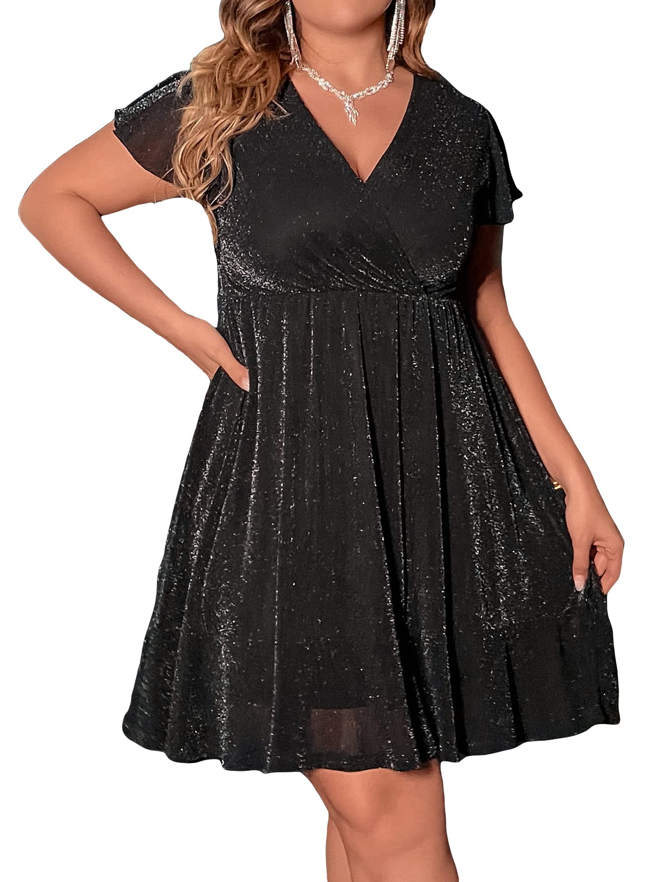 FloernsWomen's Plus Size Glitter Wrap V Neck Short Sleeve Party A Line Dress